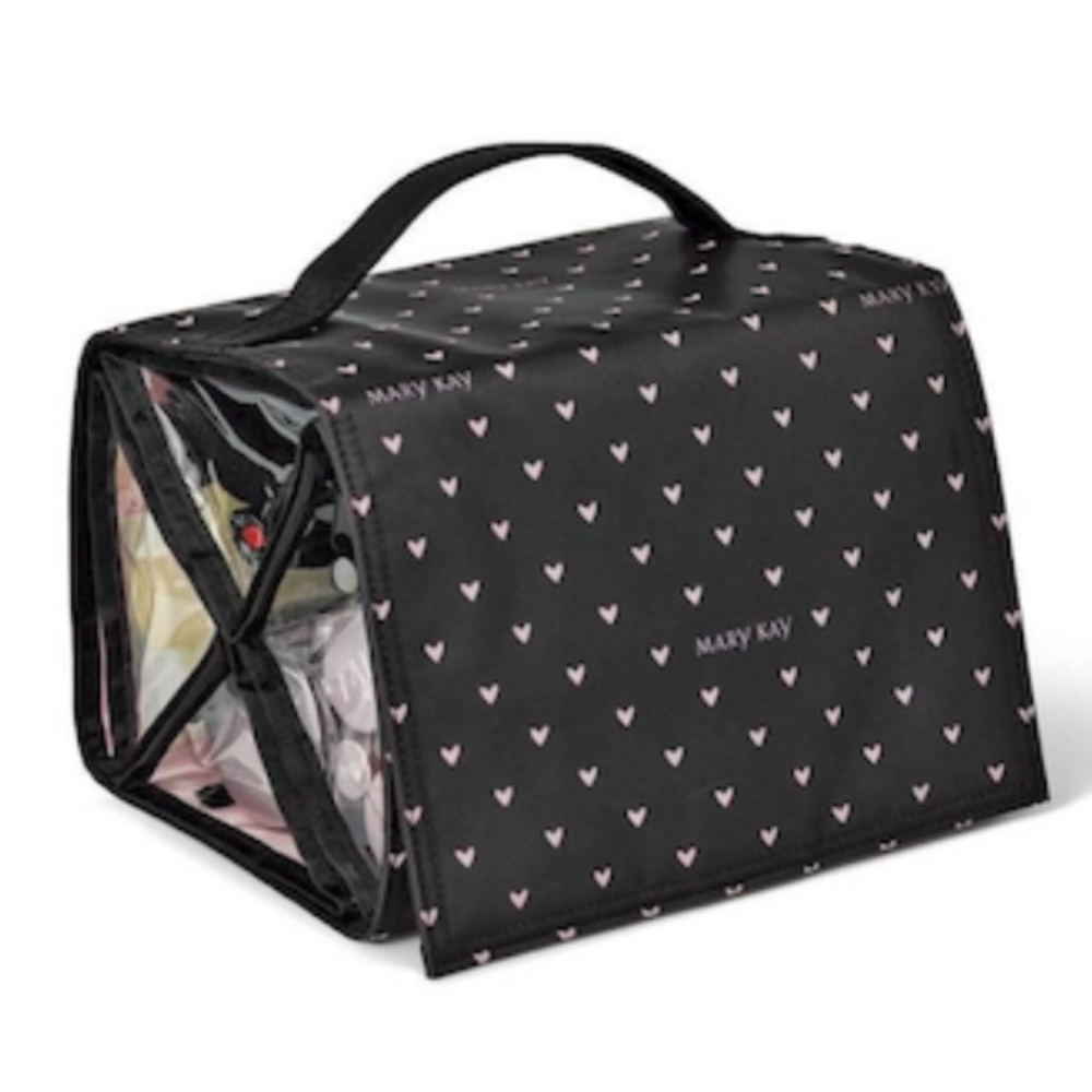 Mary Kay Roll-Up Hanging Travel Case - Black with Pink Hearts - NWOT